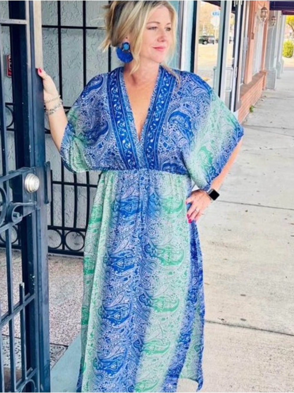 India Boutique Blue and Green Paisley V-Neck Maxi Dress